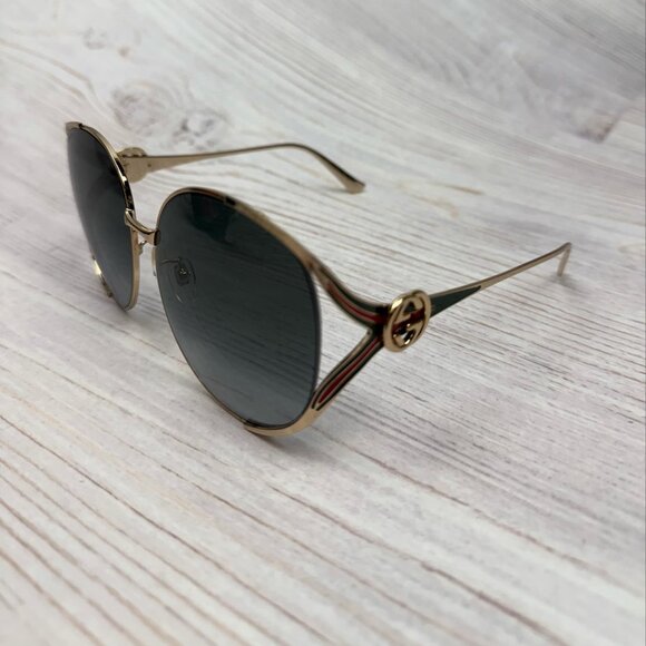 Gucci GG0225 S 001 Gold/Grey Oversized Round Women's Sunglasses - Picture 1 of 12